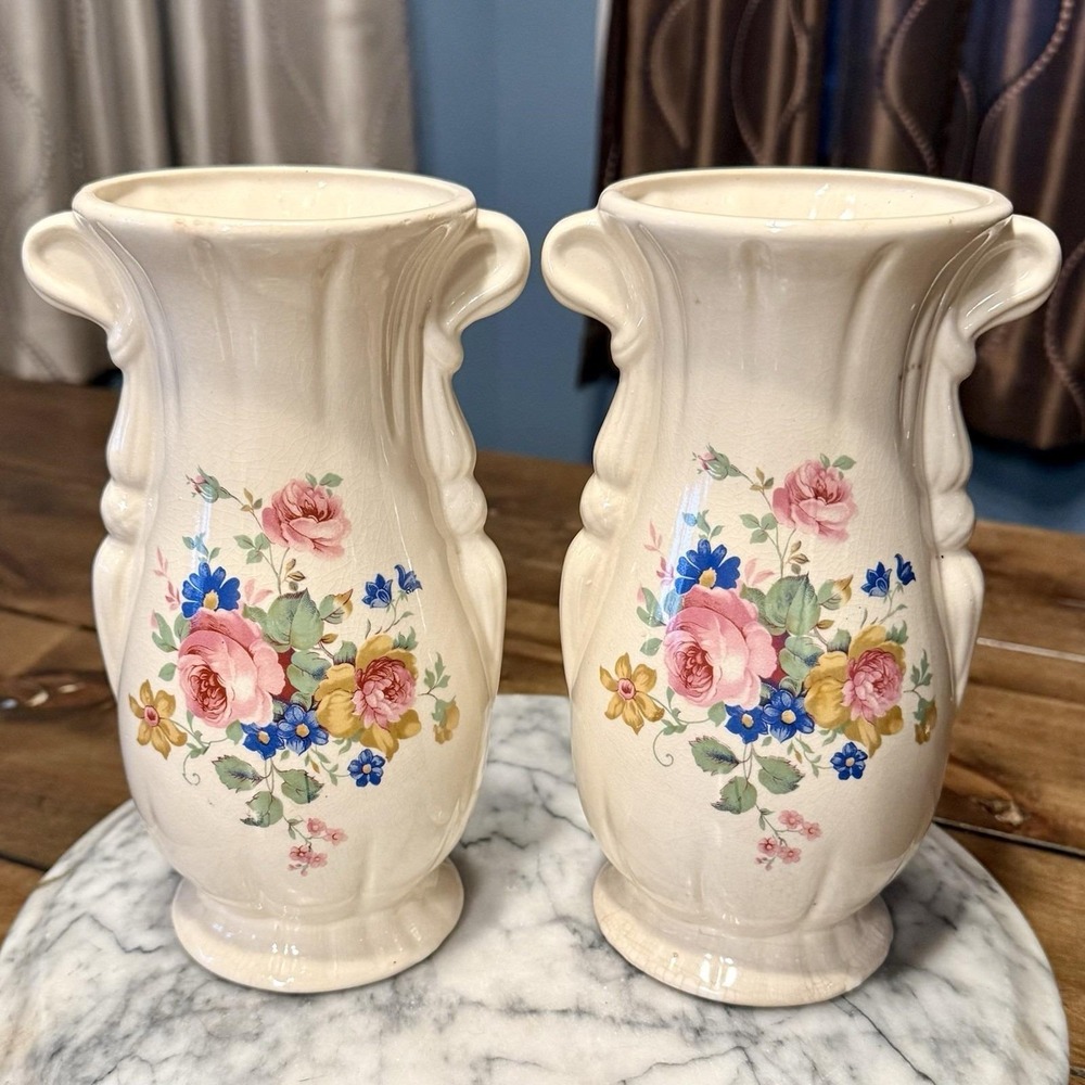 2pc VTG 50s MCM Matching Pair Royal Copley Cream Floral Urn Vases Rose Vase 8.5"